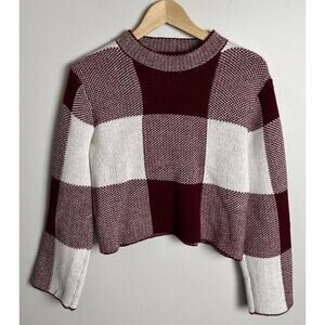 Shein Burgundy White Checkered Knit Sweater Size Medium Cropped Long Sleeve Wm’s